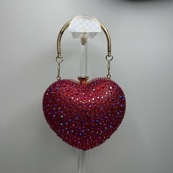 Ramla Handbags - Ramla Amour Raspberry Pink Rhinestone Heart Clutch Evening Bag $189 New